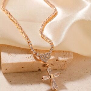 Vintage Style Cross Copper Three-Dimensional Gold Plated Zircon Pendant Necklace